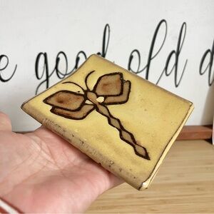 Handcrafted Dragonfly Design Stoneware Tan Soap Dish Yellow Brown Pottery Boho